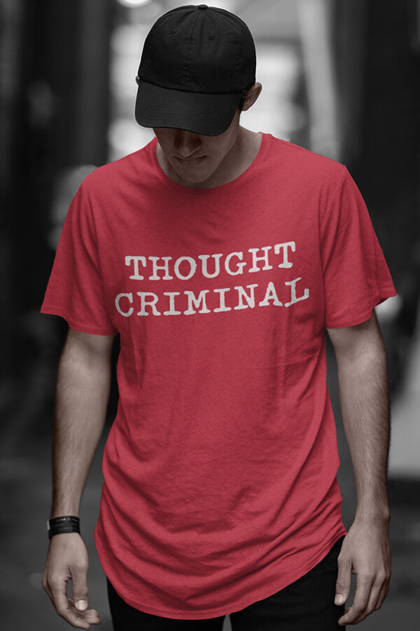 man wearing thought criminal t-shirt