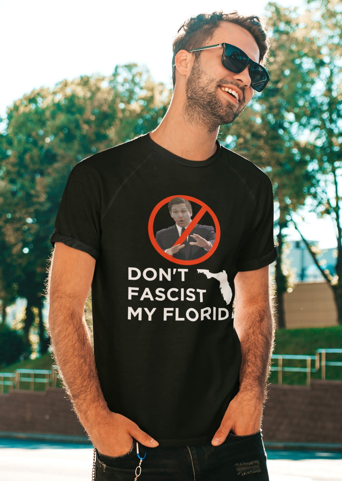 man wearing Don&#39;t Fascist My Florida t-shirt
