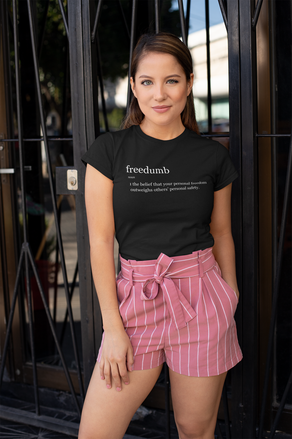 woman wearing freedumb definition t-shirt