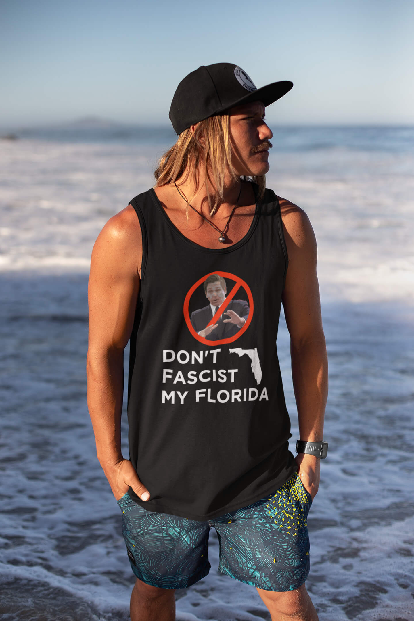 man wearing Don't Fascist My Florida tank top