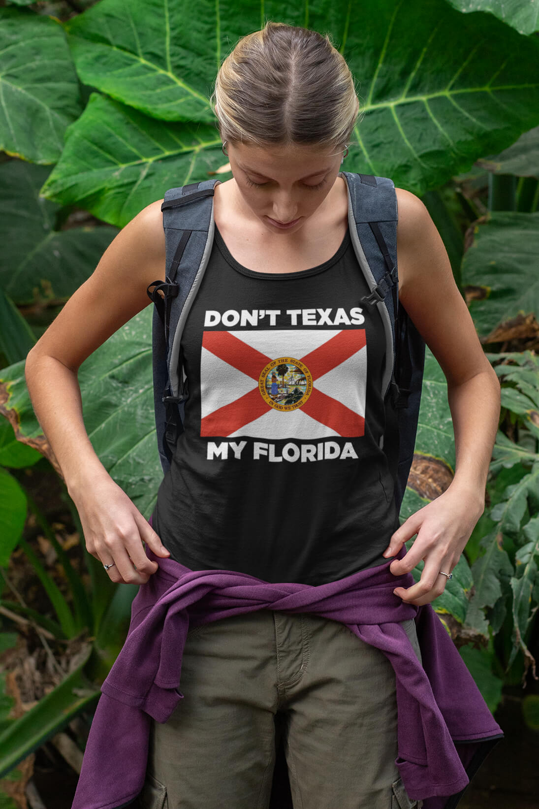 woman wearing Don't Texas My Florida tank top