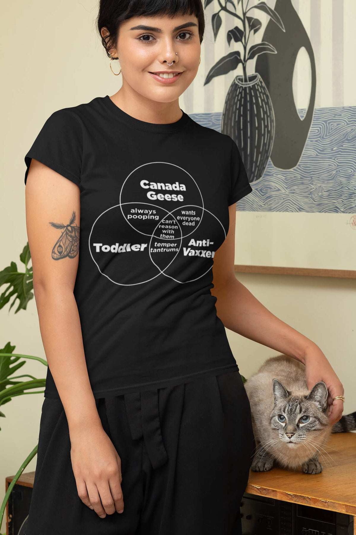 woman wearing anti-vaxxer venn diagram t-shirt